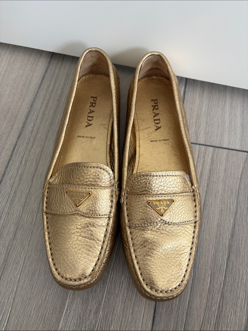 Prada Metallic Leather Loafers Gold - Size 37A